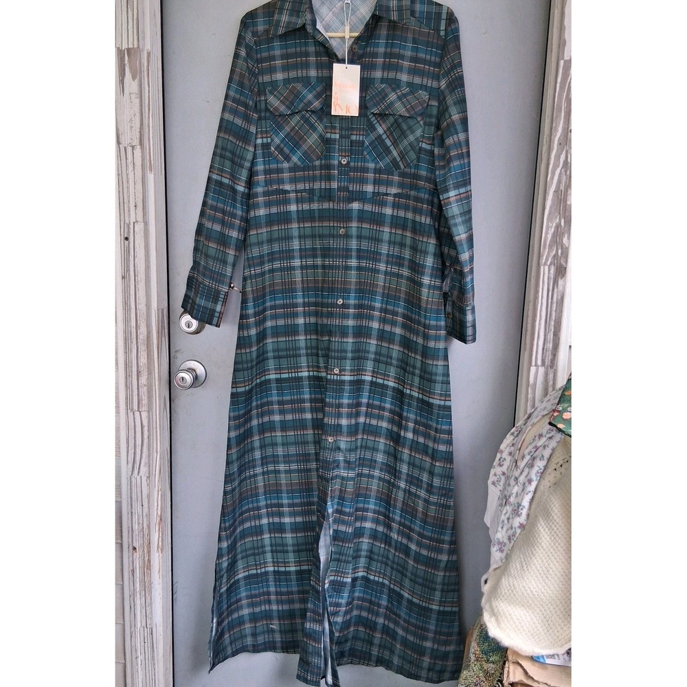 NWT Modesees Maxi Dress Bias Cut L Plaid Collared Button Up Long Sleeve Pockets